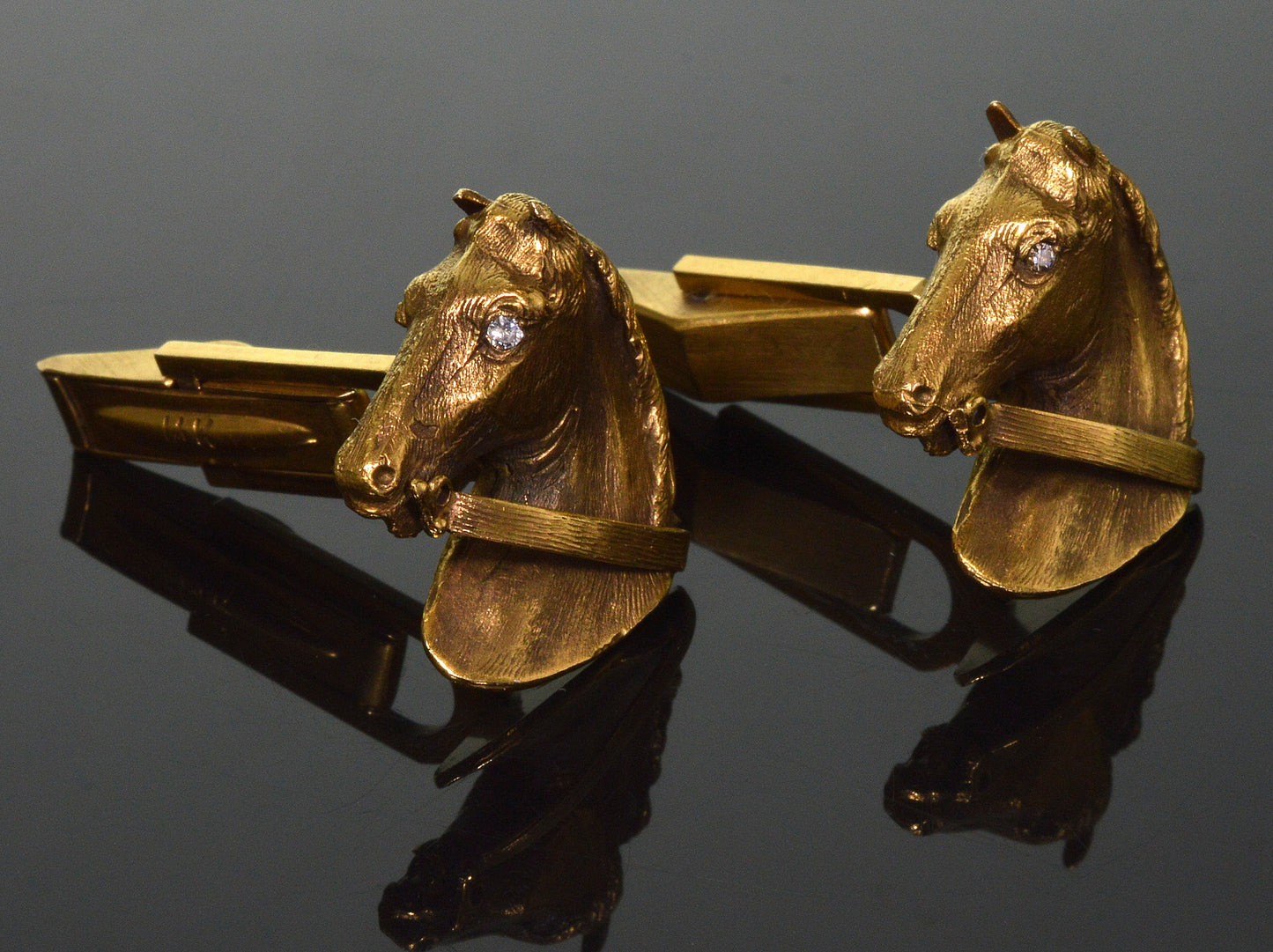 Antique Edwardian 14K Gold Horse Head Cufflinks Diamond Eyes C.1900