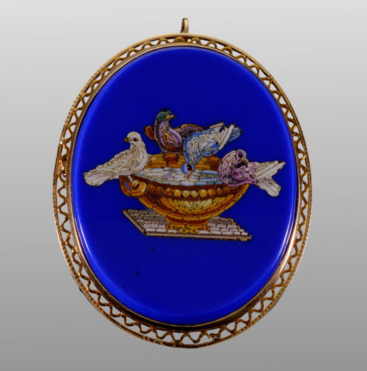 Antique Victorian 14K Gold Micro Mosaic Pendant Brooch The Doves of Pliny Italian Grand Tour C.1900 