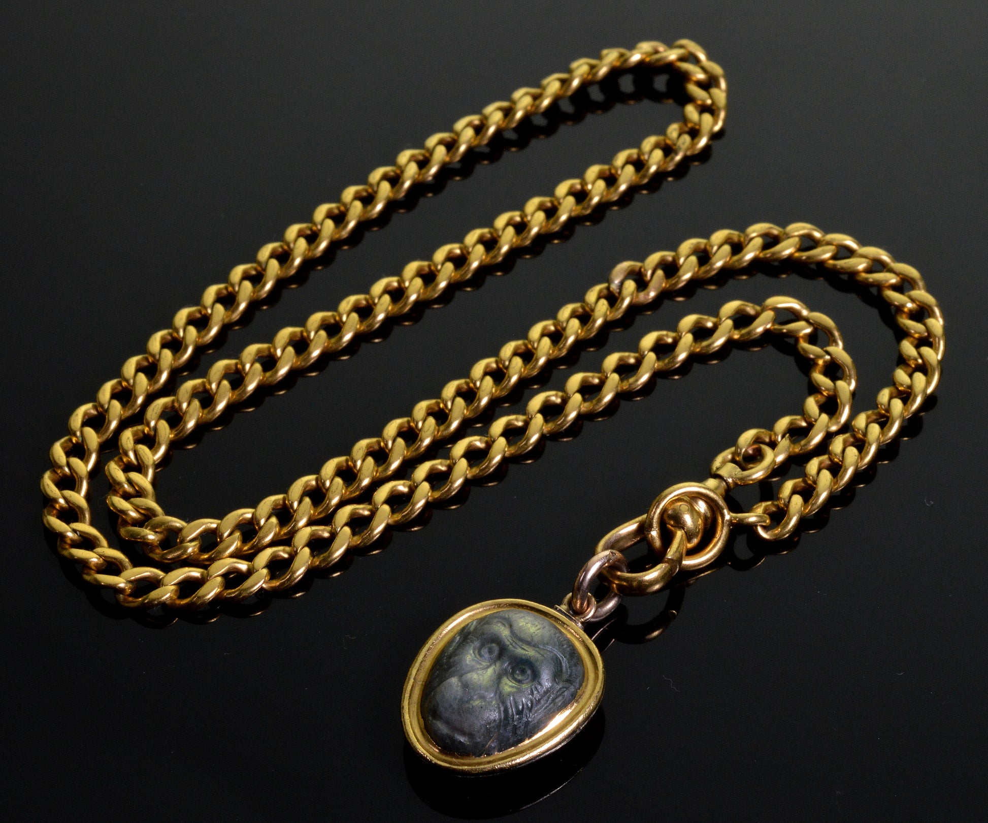 Georgian Carved Labradorite Monkey 9K Gold Pendant GF Chain Necklace C.1820