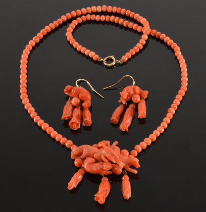 Antique Victorian Salmon Coral 14K Gold Necklace Earrings Set C.1860