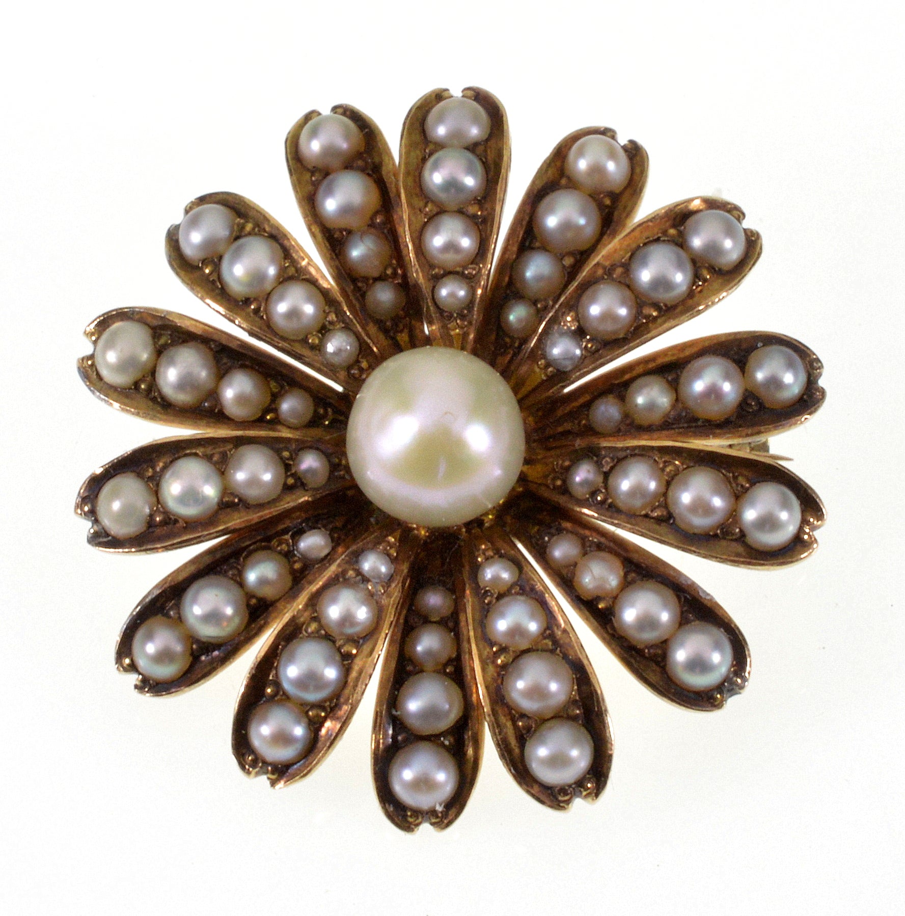 Antique Victorian 14K Gold Sead Pearl Daisy Brooch Pin C.1880