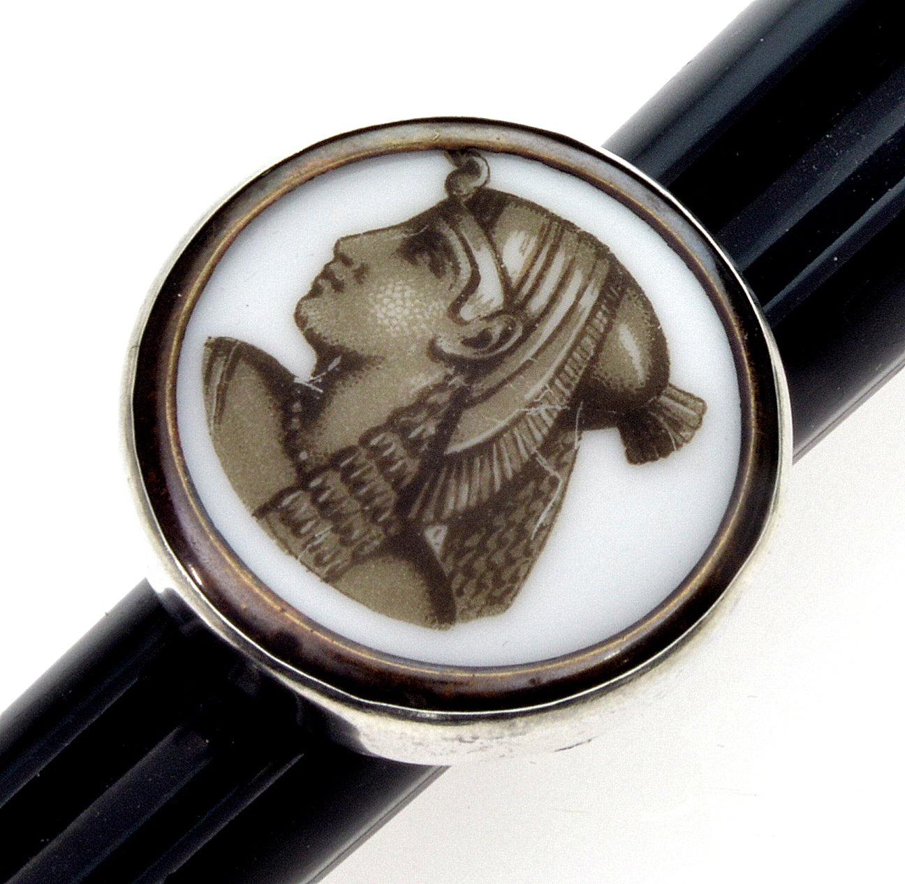 Antique French Art & Crafts Egyptian Revival Sterling Ring Cleopatra Sepia Enamel Cameo Size 7 C.1870