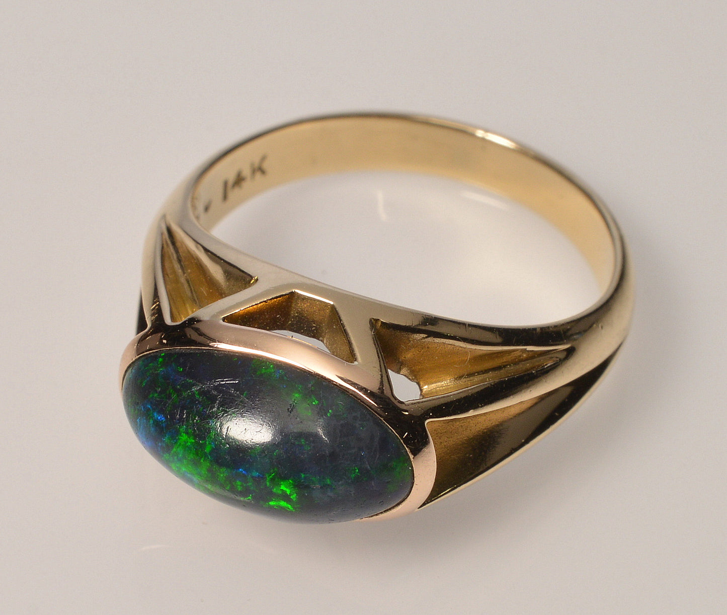 Art Deco Black Opal 14K Gold Solitaire Ring Size 5 1/2 C.1930