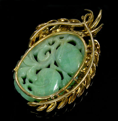 Art Deco 14K Gold Large Carved Jadeite Jade Pendant C.1920