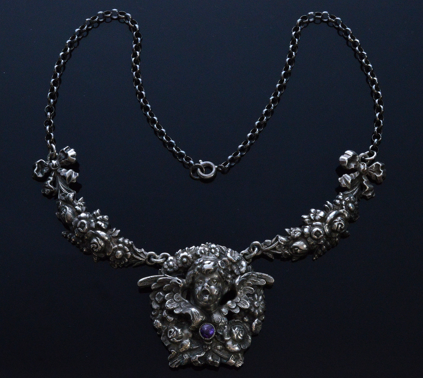 Antique Art Nouveau W. Kerr Sterling Cherub Necklace C.1900