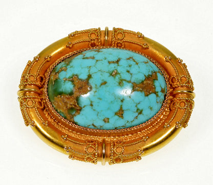 Antique Victorian Etruscan Revival 14K Gold Turquoise Brooch Pin C.1890