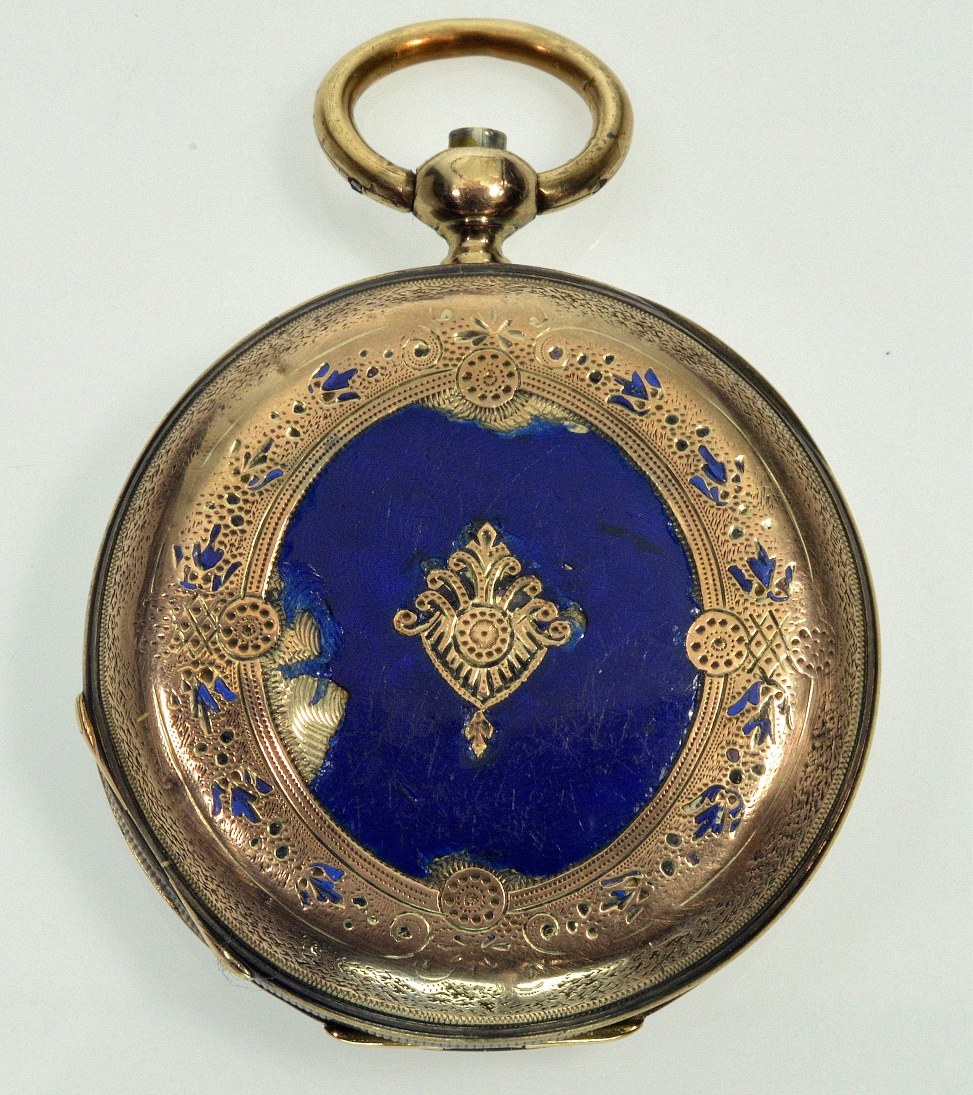 Antique Swiss Polychrome Enamel Pocket Watch Pendant Hunter Case Jacques Roulet Locle C.1880 In Antique Box