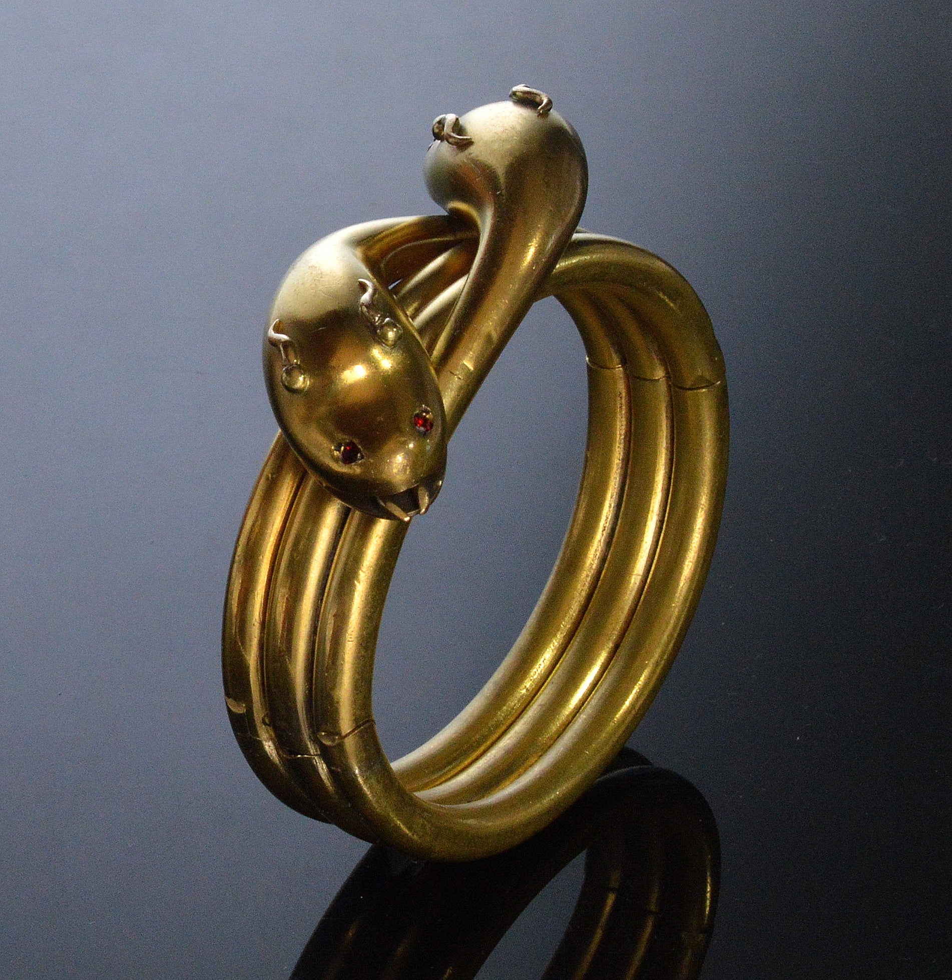 Antique Victorian Double Snake Garnet Gold Filled Hinged Bangle Bracelet