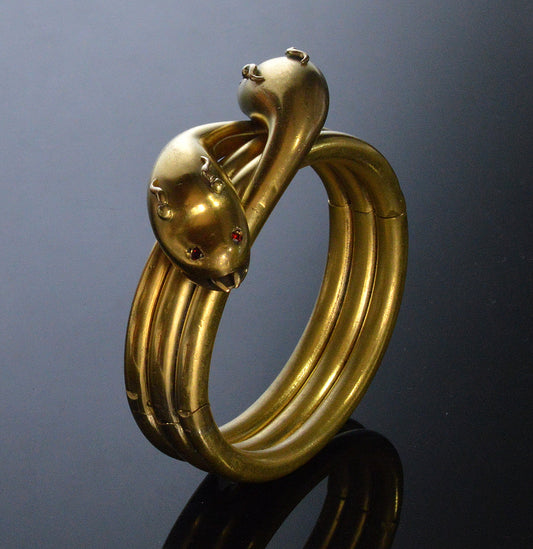 Antique Victorian Double Snake Garnet Gold Filled Hinged Bangle Bracelet
