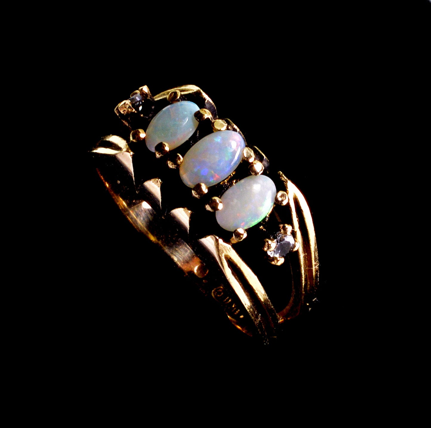 14K Gold Australian Opal Diamond Ring Designer Size 6 1/4