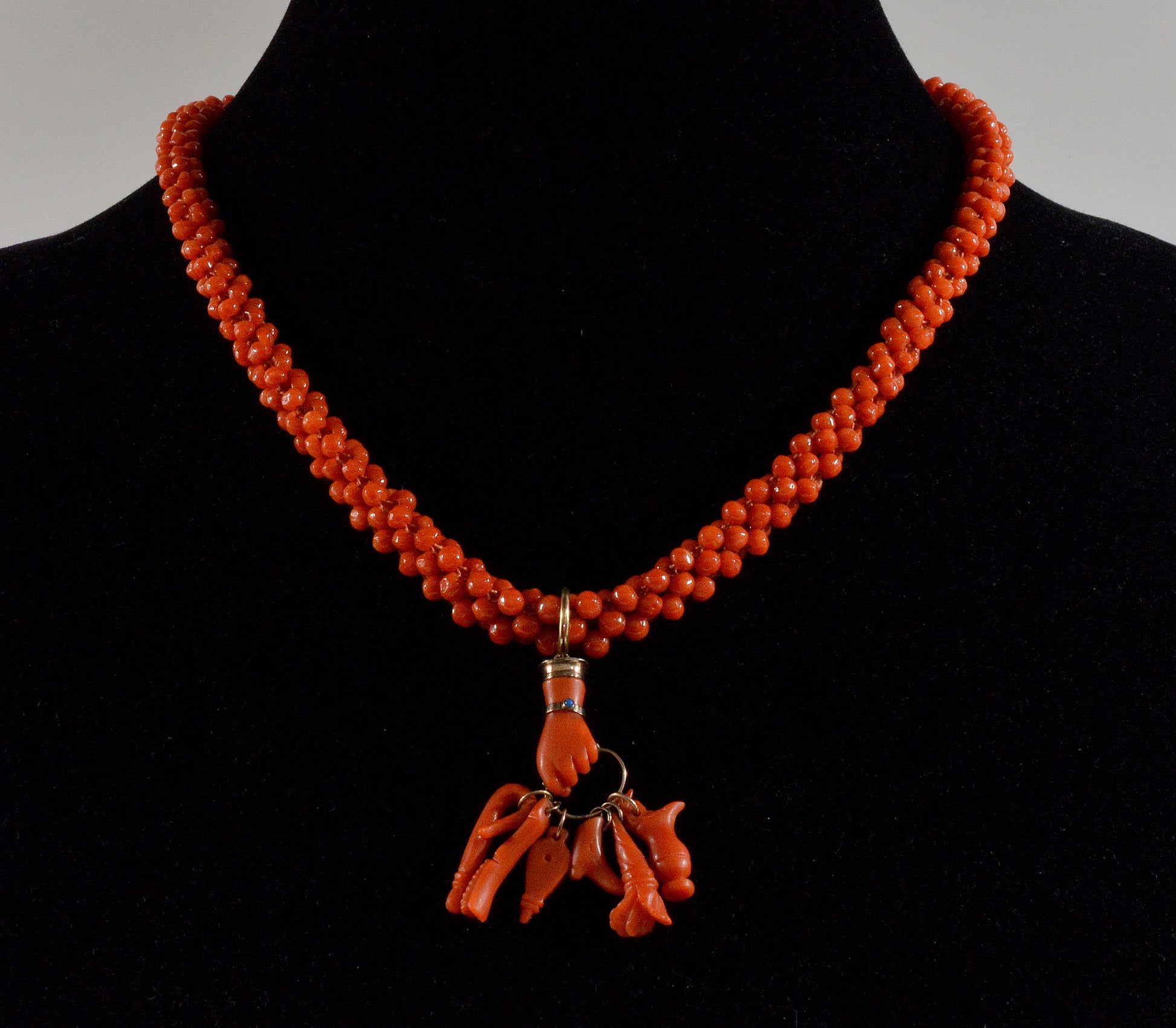 Georgian 9K Gold Carved Red Coral Hand Fist Pendant Bead Necklace