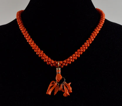 Georgian 9K Gold Carved Red Coral Hand Fist Pendant Bead Necklace