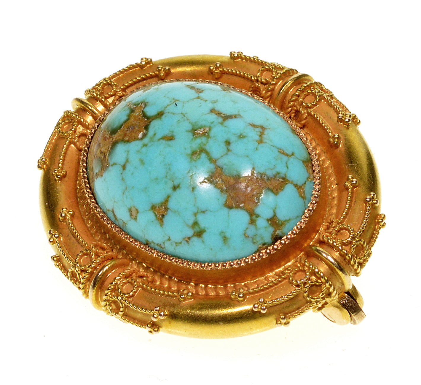 Antique Victorian Etruscan Revival 14K Gold Turquoise Brooch Pin C.1890