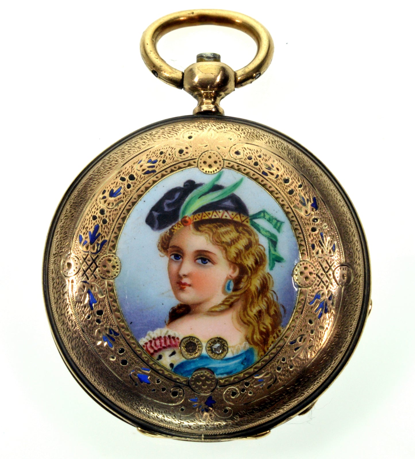 Antique Swiss Polychrome Enamel Pocket Watch Pendant Hunter Case Jacques Roulet Locle C.1880 In Antique Box