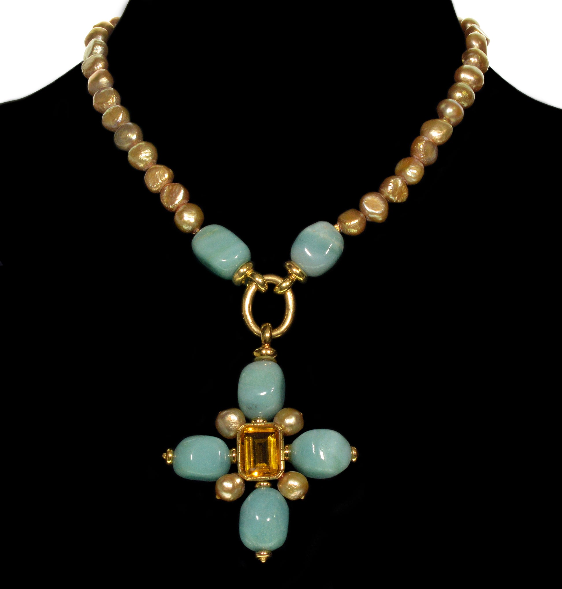 Designer Italian 18K Amazonite Citrine Cross Pendant Enhancer South Sea Pearls Necklace