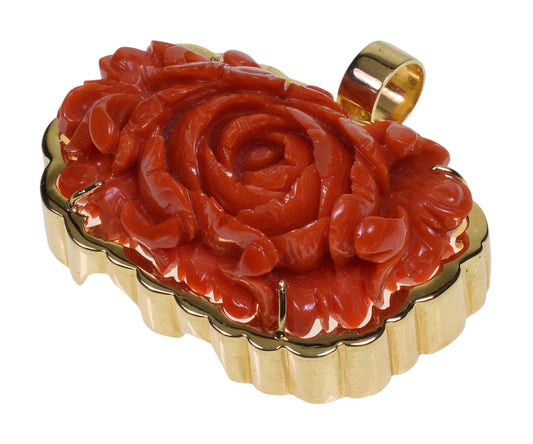 Estate 18K Gold Red Coral Pendant Carved Chrysanthemum C.1970