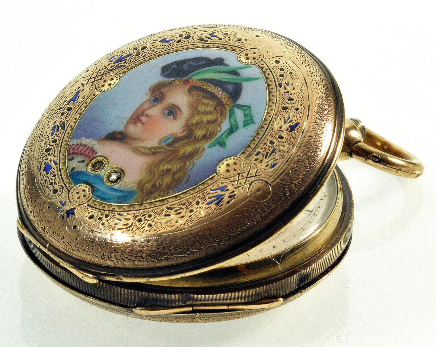 Antique Swiss Polychrome Enamel Pocket Watch Pendant Hunter Case Jacques Roulet Locle C.1880 In Antique Box