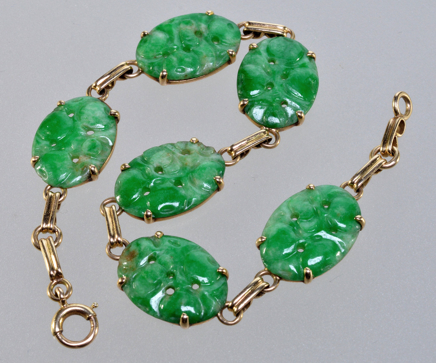 Antique Art Deco Jadeite Jade 14K Gold Link Bracelet C.1920