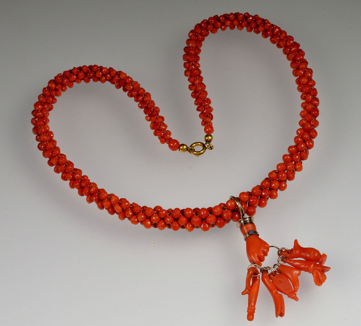 Georgian 9K Gold Carved Red Coral Hand Fist Pendant Bead Necklace