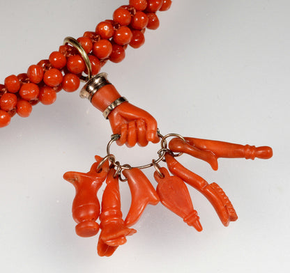 Georgian 9K Gold Carved Red Coral Hand Fist Pendant Bead Necklace