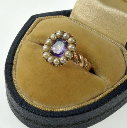 Antique Georgian 9K Gold Pearl Amethyst Conversion Ring C.1820 Size 5 1/2