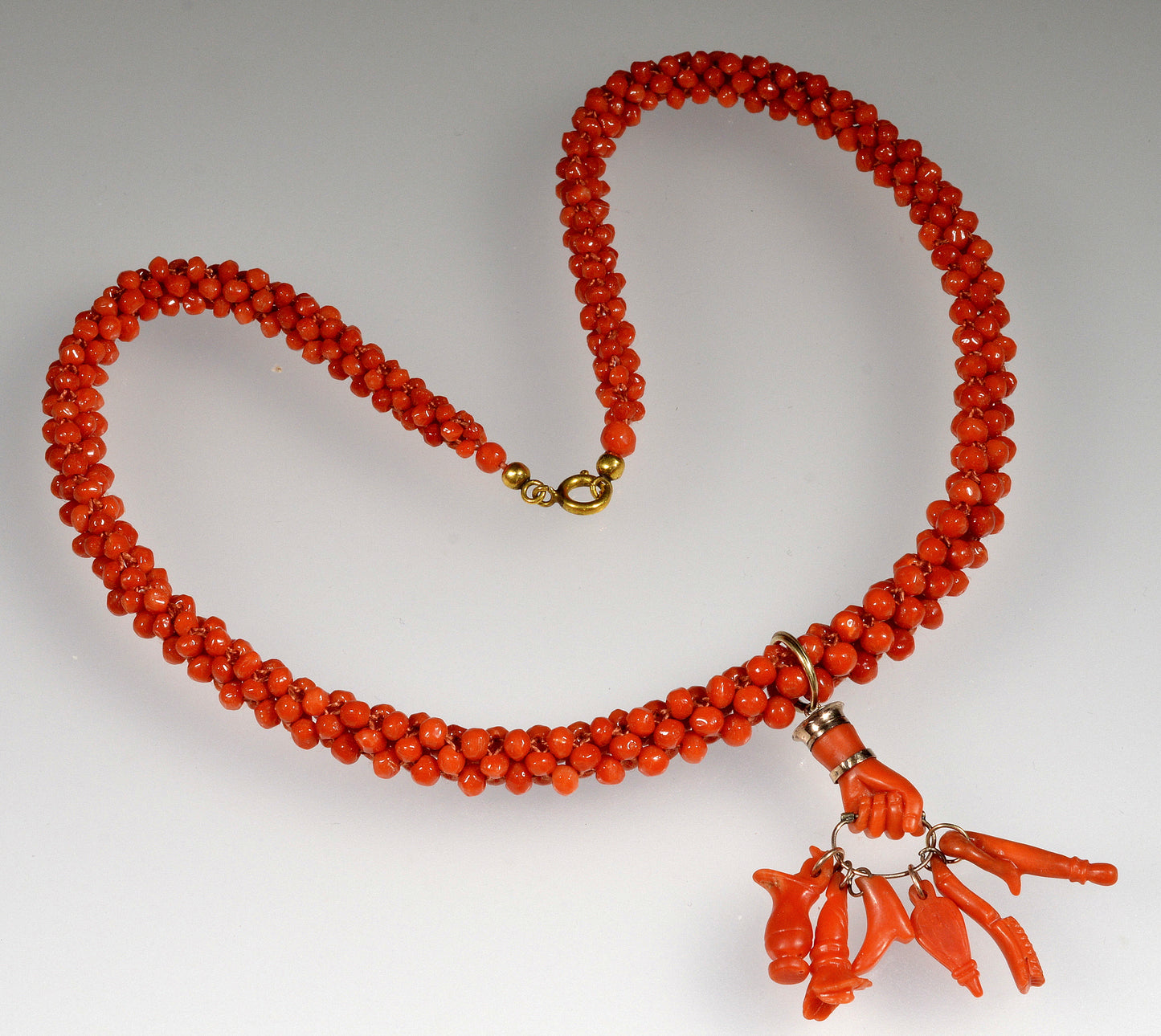 Georgian 9K Gold Carved Red Coral Hand Fist Pendant Bead Necklace