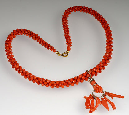 Georgian 9K Gold Carved Red Coral Hand Fist Pendant Bead Necklace
