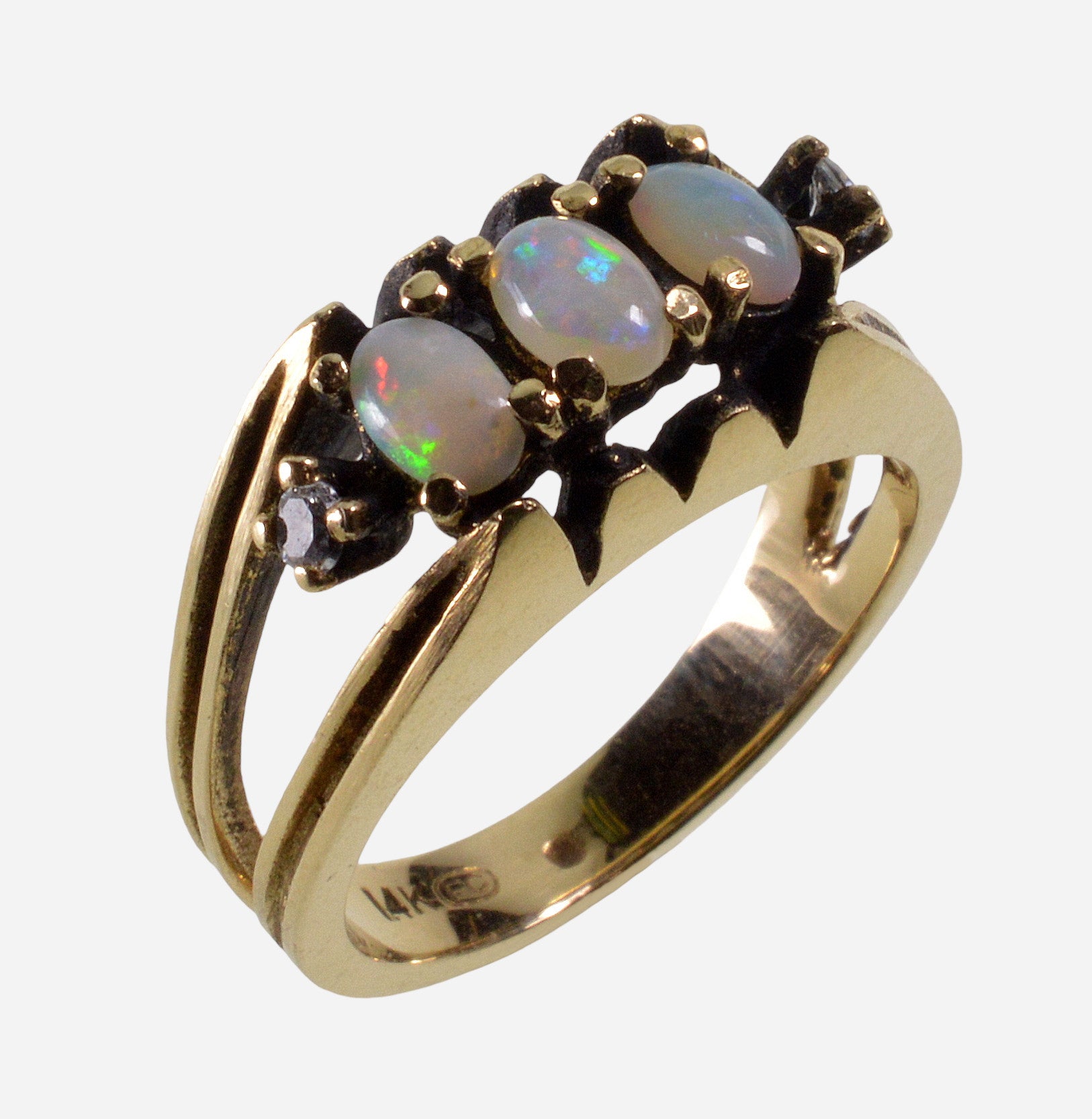 14K Gold Australian Opal Diamond Ring Designer Size 6 1/4