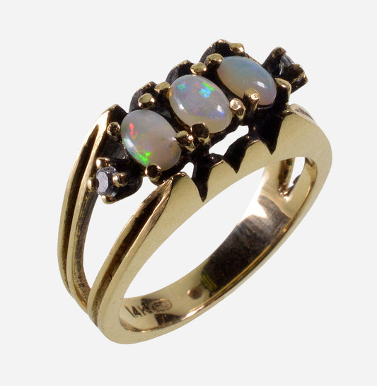 14K Gold Australian Opal Diamond Ring Designer Size 6 1/4