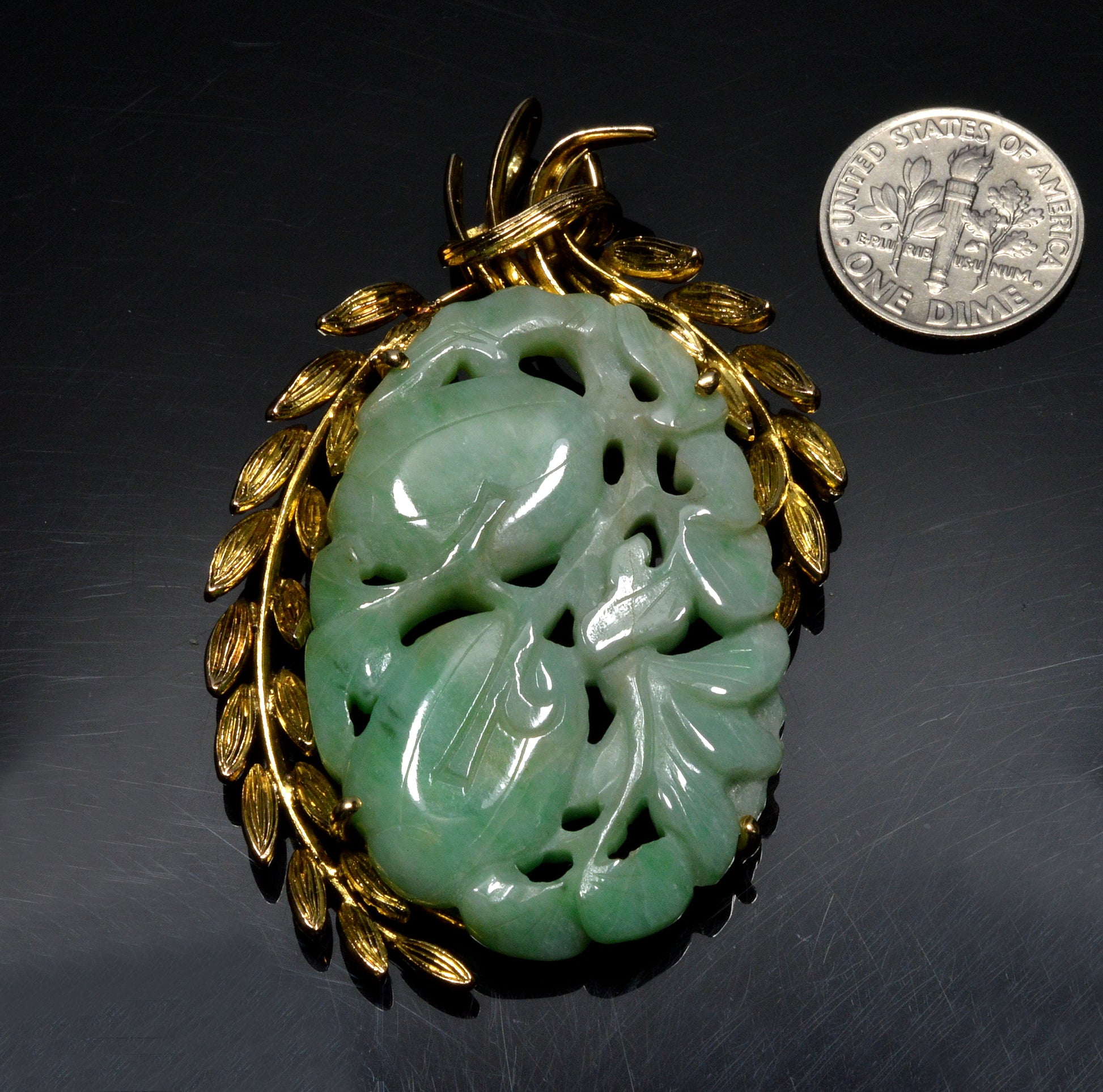 Art Deco 14K Gold Carved Jadeite Jade Large Pendant C.1920 (Copy)