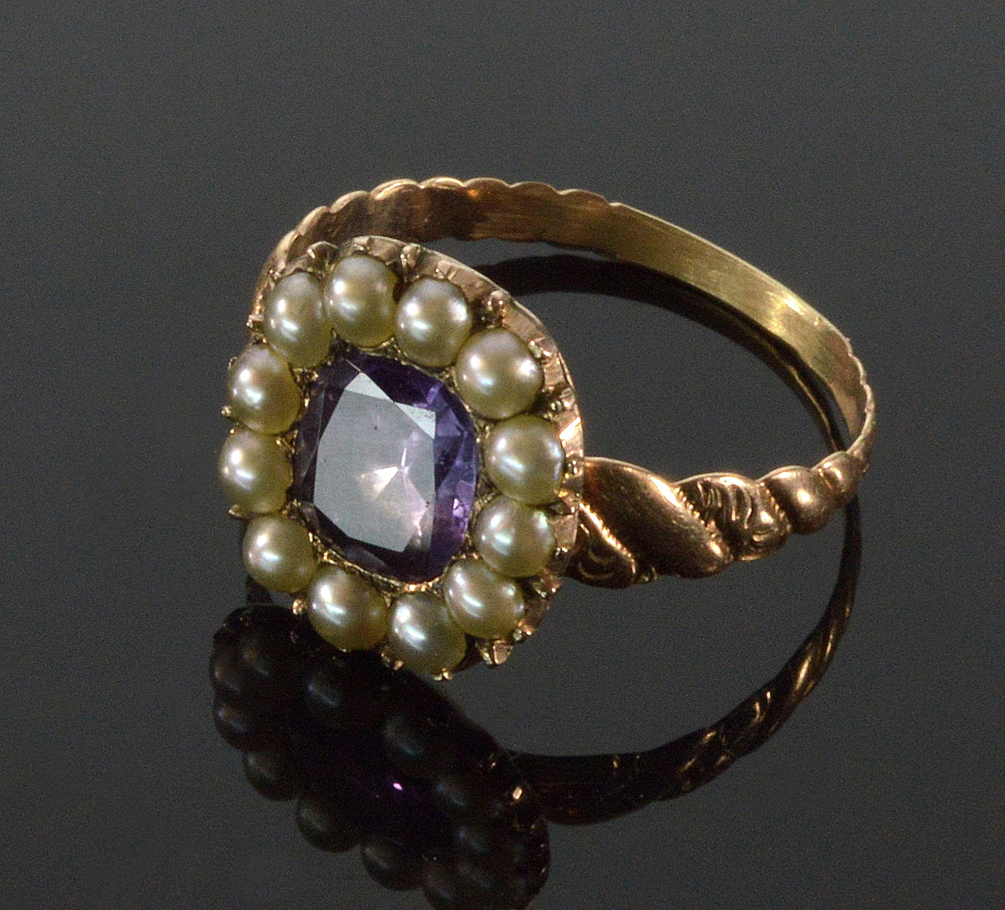 Antique Georgian 9K Gold Pearl Amethyst Conversion Ring C.1820 Size 5 1/2