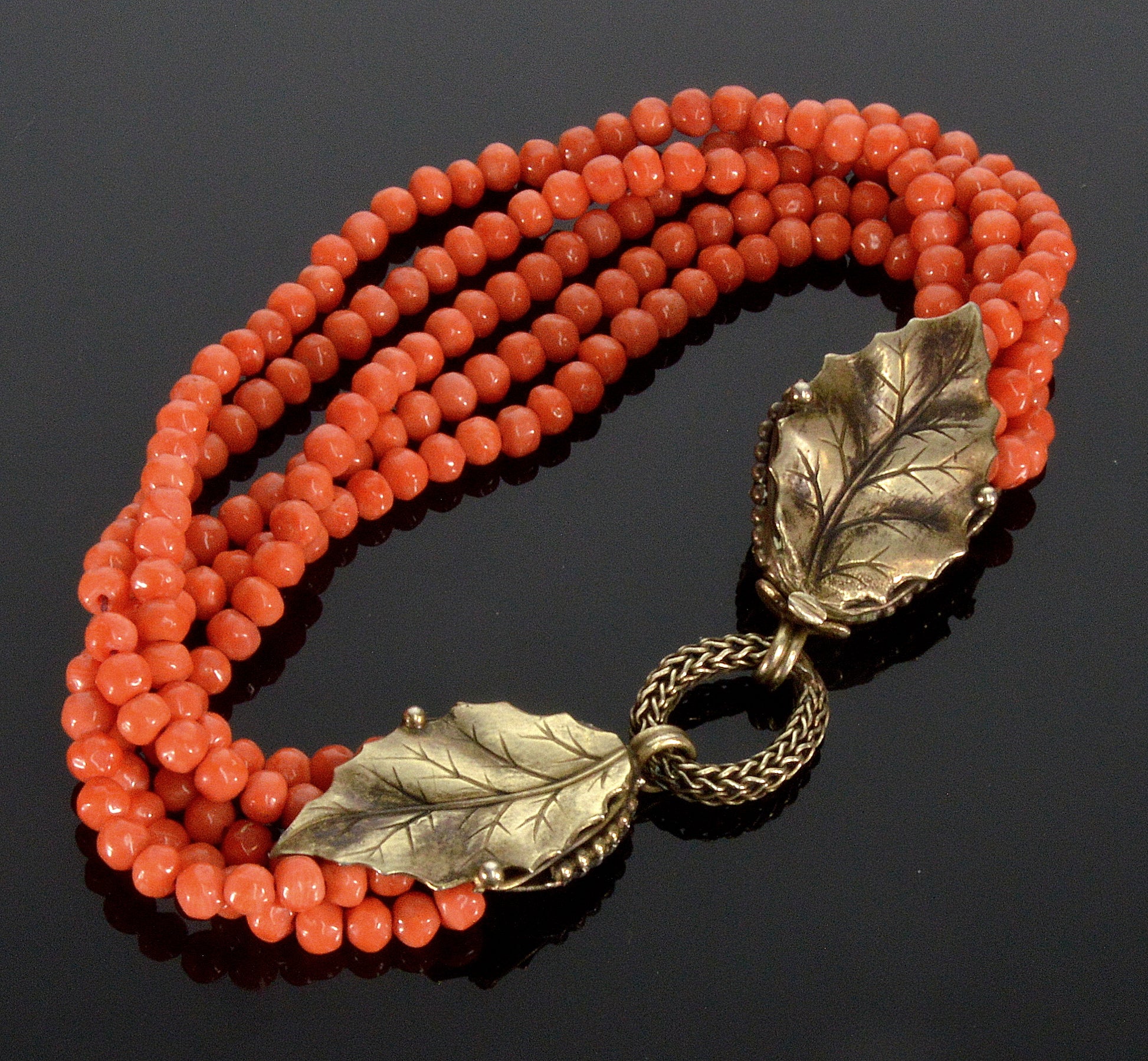 Art Deco Italian Salmon Coral Bracelet Foliage Sterling Clasp C.1920