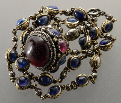 Antique Victorian 18K Gold Sterling Ruby Sapphire Garnet Necklace C.1890