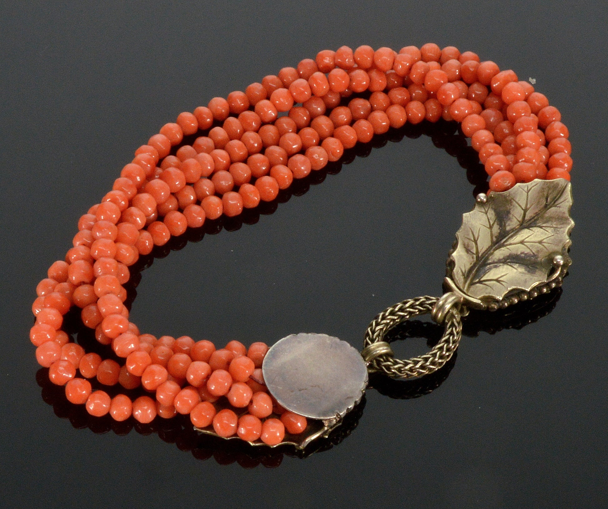 Art Deco Italian Salmon Coral Bracelet Foliage Sterling Clasp C.1920