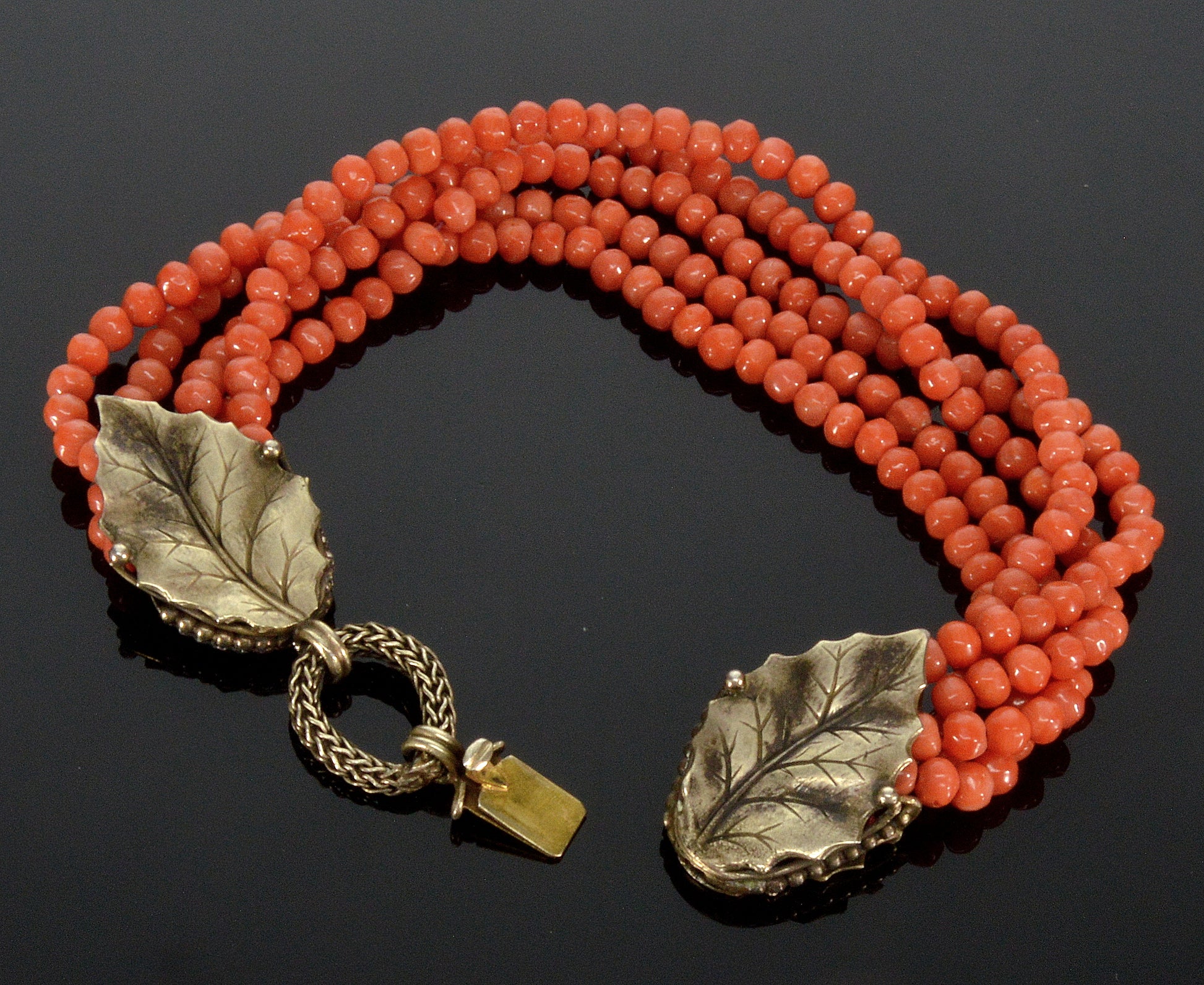 Art Deco Italian Salmon Coral Bracelet Foliage Sterling Clasp C.1920