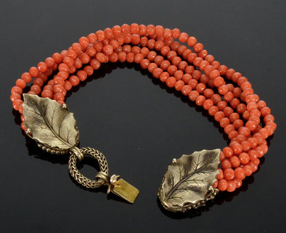 Art Deco Italian Salmon Coral Bracelet Foliage Sterling Clasp C.1920