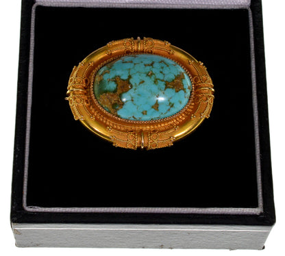 Antique Victorian Etruscan Revival 14K Gold Turquoise Brooch Pin C.1890