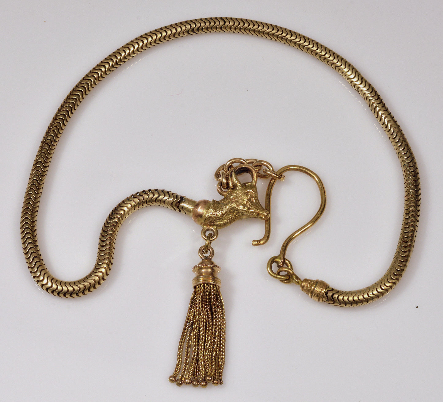 Early Victorian Pinchbeck Snake Chain Figurine 12K Tassel Necklace C.1830