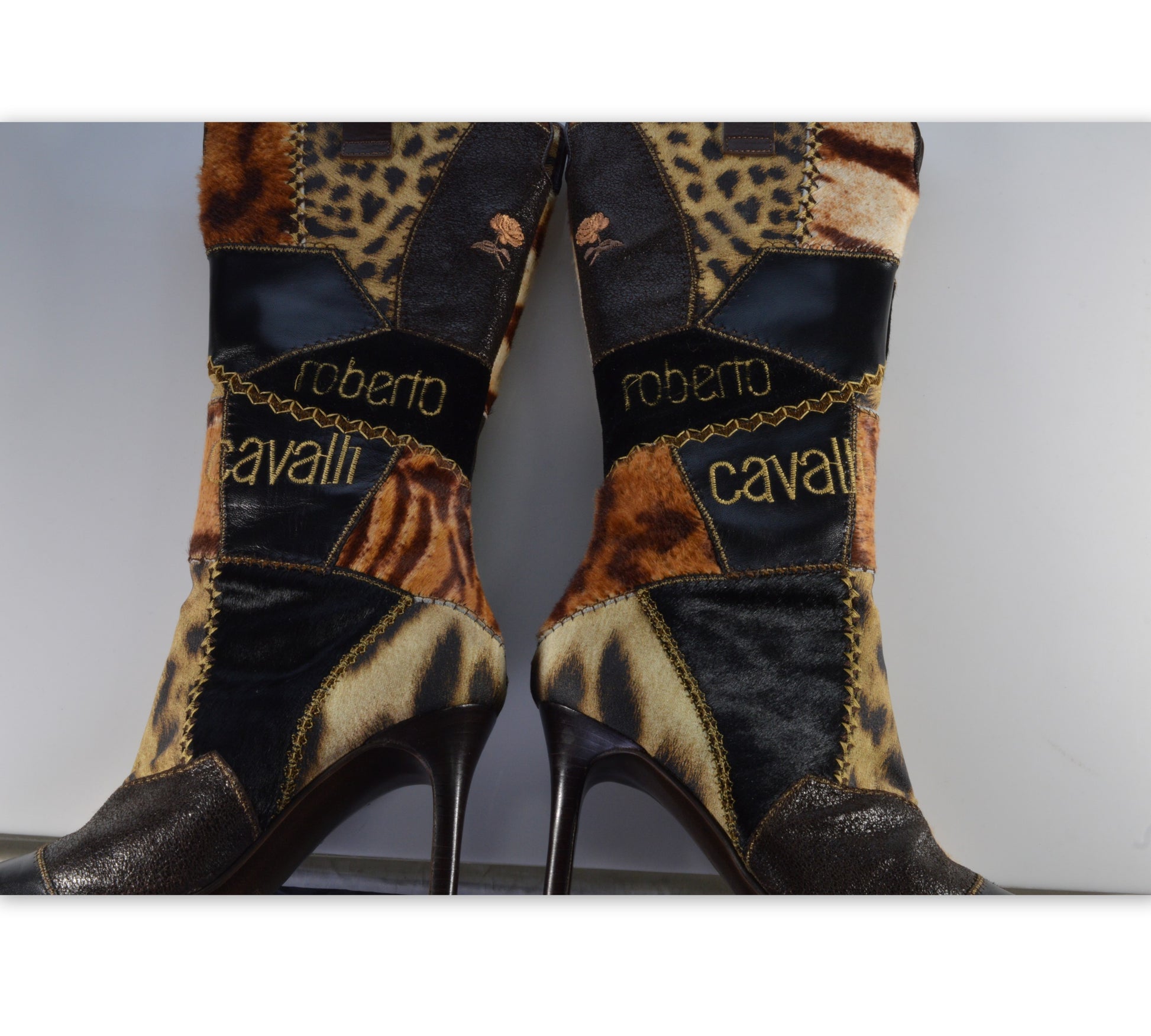 Roberto Cavalli Signature Pony Hair Calfskin Jaguar Print Boots 36 with Box