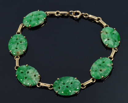 Antique Art Deco Jadeite Jade 14K Gold Link Bracelet C.1920