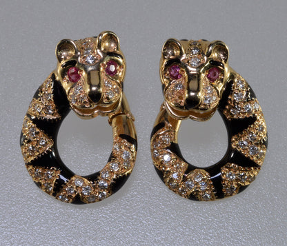 Tiger Earrings 14K Gold Diamond Ruby Enamel C.1960