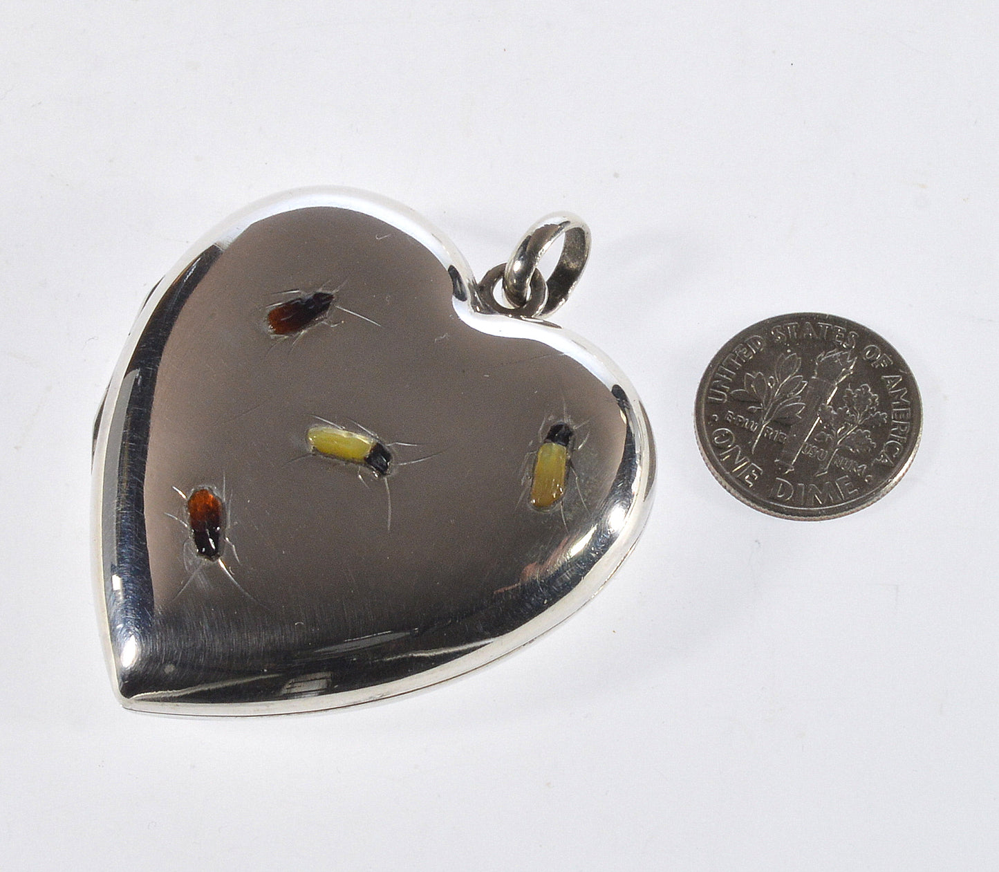 Vintage Japanese Shibayama Insect Sterling Silver Heart Locket Pendant