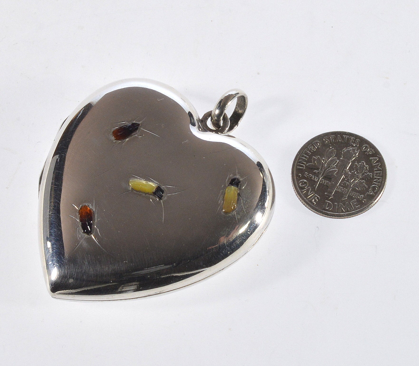Vintage Japanese Shibayama Insect Sterling Silver Heart Locket Pendant