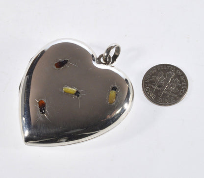 Vintage Japanese Shibayama Insect Sterling Silver Heart Locket Pendant