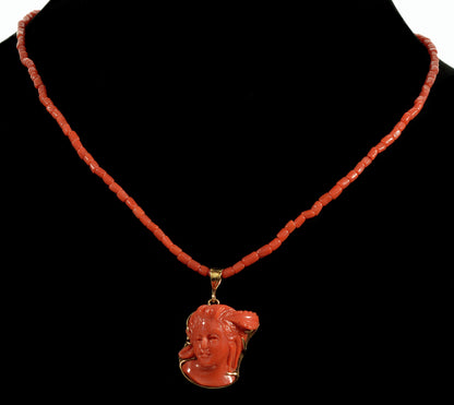 Antique Victorian 14K Red Coral Cameo Pendant Necklace C.1890