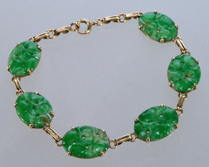 Antique Art Deco Jadeite Jade 14K Gold Link Bracelet C.1920