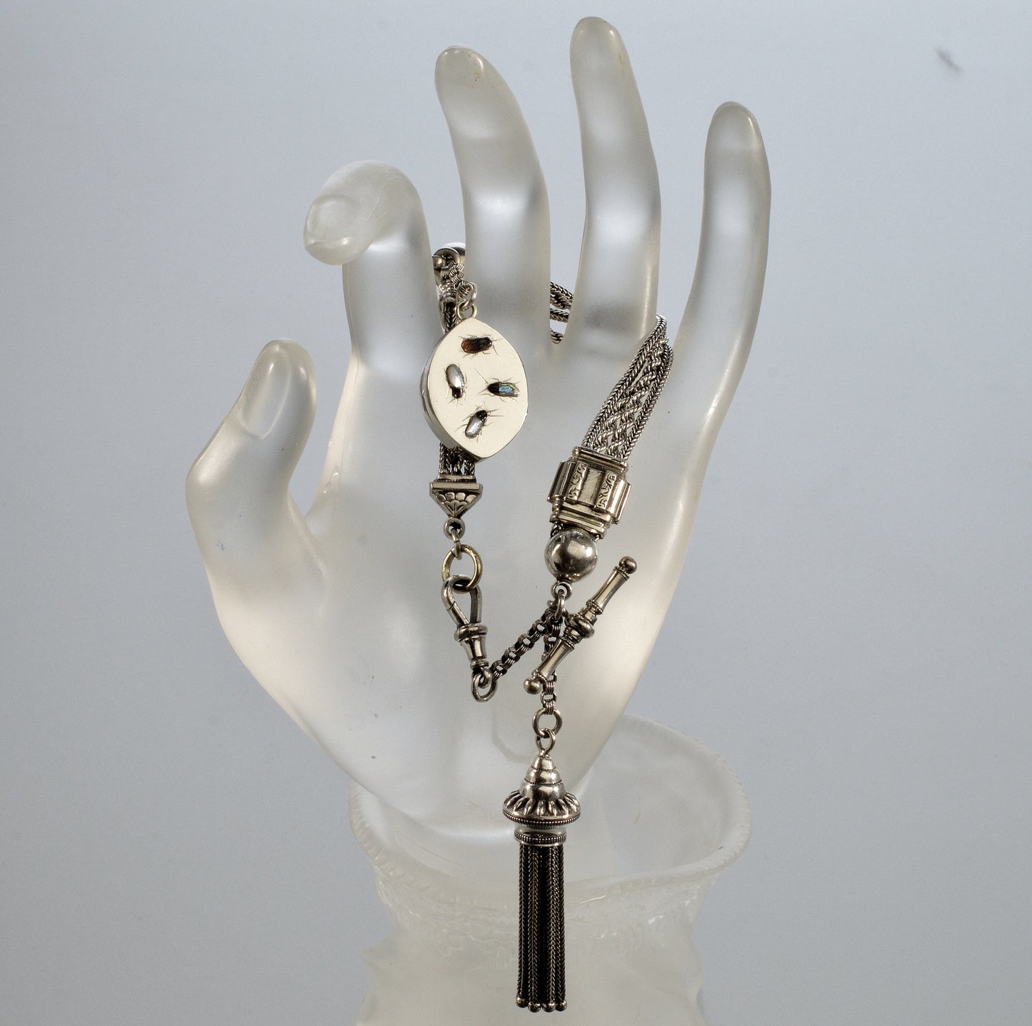 Antique Victorian Shibayama Insect Sterling Locket Tassel Chain Bracelet C.1890