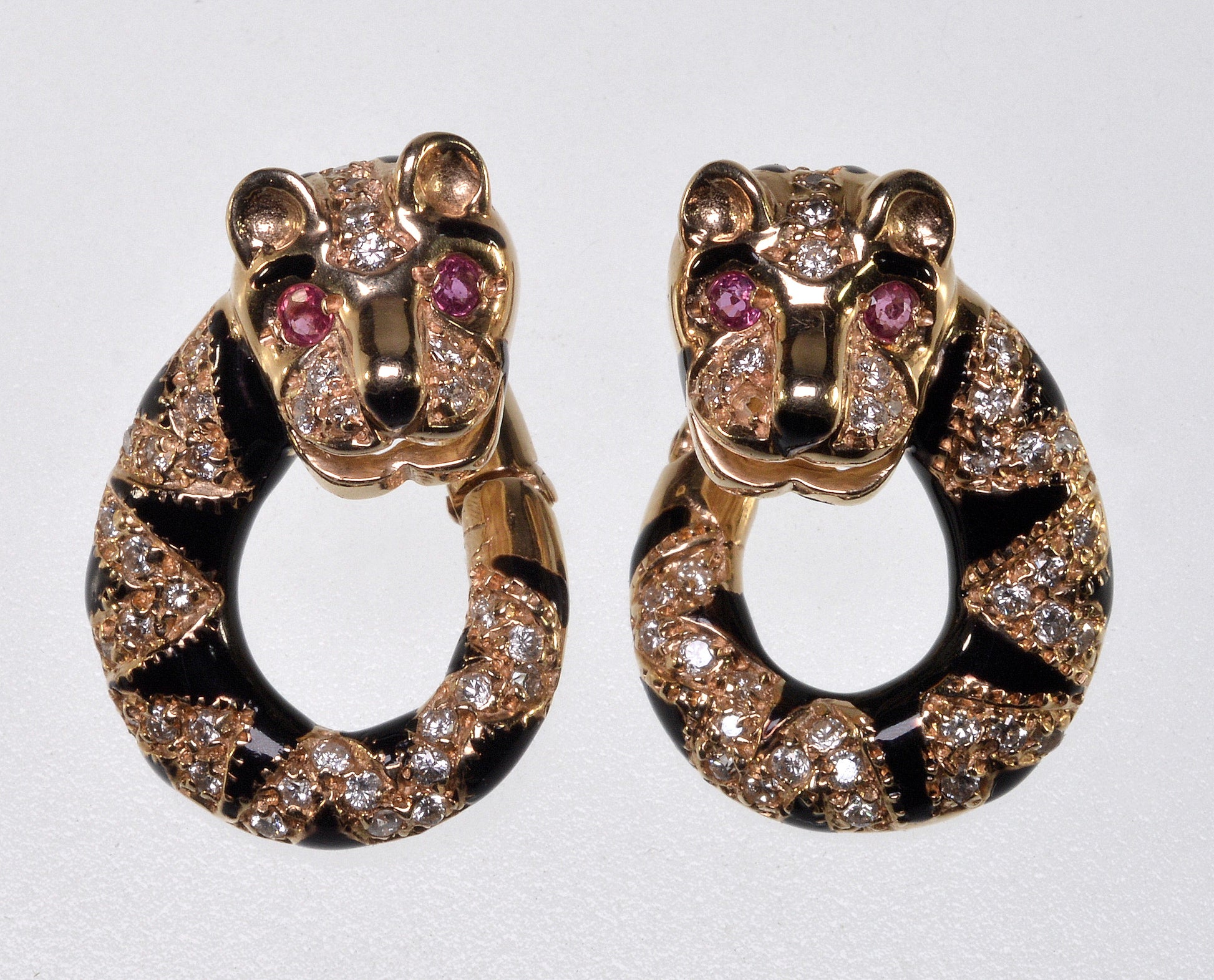 Tiger Earrings 14K Gold Diamond Ruby Enamel C.1960