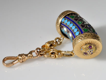 Antique Imperial Russia Enamel Fob Pendant 14K Gold Sterling Ruby Dog Clip Clasp C.1880