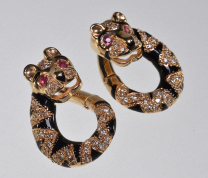 Tiger Earrings 14K Gold Diamond Ruby Enamel C.1960